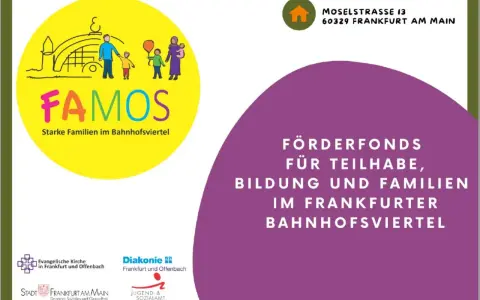Gelbe Kreisgrafik mit stilisierten Familien und dem Schriftzug FAMOS.
