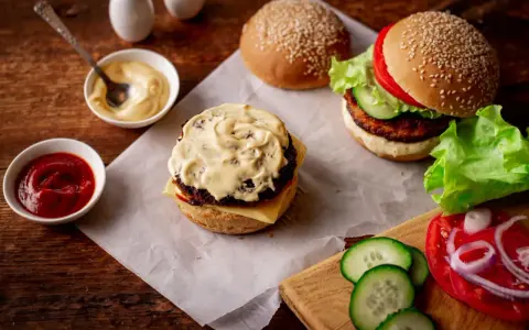 Pyszny burger z bogatym sosem do burgera, ketchupem i świeżymi dodatkami.