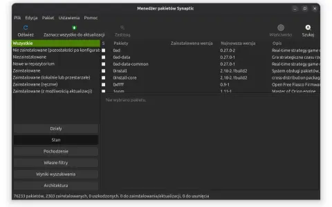 Menedżer pakietów Synaptic pokazuje listę pakietów, w tym gry strategiczne. Widać tu też informację, że apt to system obsługi pakietów.