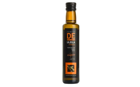 Botella de aceite de oliva virgen extra ecológico Uleila, variedad arbequina. Descubre sus propiedades.