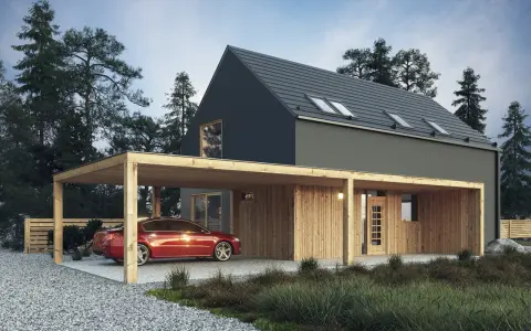 Maison moderne avec carport en bois abritant une voiture rouge. La législation sur les carports est importante pour de tels aménagements.