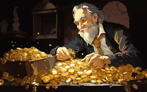 Uśmiechnięty starzec z siwą brodą przegląda stos złotych monet, jakby był postacią z karty 4 monet tarot.