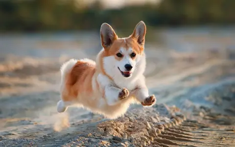 Un adorable corgi nain saute joyeusement sur le sable, ses pattes en l'air, le soleil couchant illuminant son pelage roux et blanc.