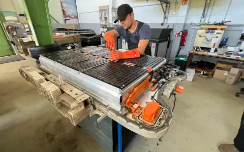 Mechaniker arbeitet an einer großen Batterieeinheit, die für Elektroautos bestimmt ist. Dies ist wichtig für die **Autobatterie Garantie**.