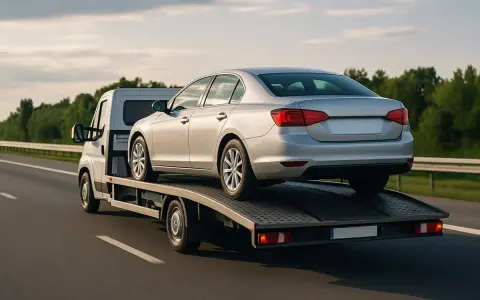 Srebrny samochód osobowy transportowany na lawecie po autostradzie.