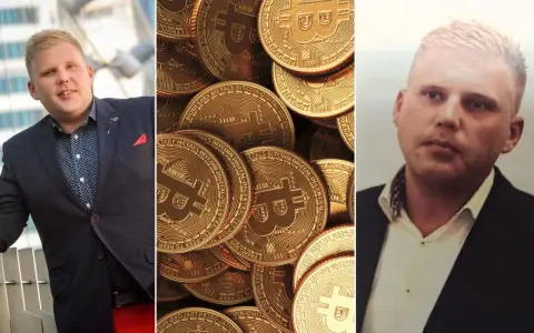 Sylwester Suszek nie żyje. Trzy panele: mężczyzna w garniturze, stos złotych monet Bitcoin, zbliżenie na twarz mężczyzny.