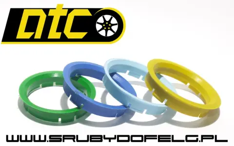 Cztery pierścienie centrujące w różnych kolorach: zielony, niebieski, jasnoniebieski i żółty. Logo DTC i adres strony www.srubydofelg.pl.