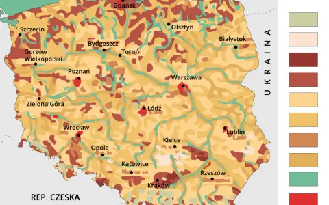 Mapa Polski z zaznaczonymi miastami i regionami o różnym ukształtowaniu terenu. Występują tu gleby, które można zaklasyfikować jako kod odpadu 17 05 04.