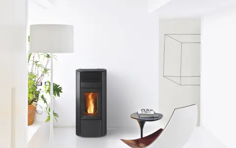 Stufa pellet MCZ in un soggiorno moderno. Nessun problema visibile, solo calore e design.