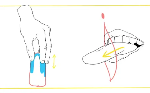 Dłoń trzymająca przedmiot, obok usta z językiem. Ilustracja pokazuje techniki seksu bez penetracji.