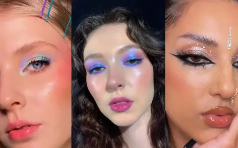 Tres looks de maquillaje para concierto: pastel etéreo, neón vibrante y glitter festivo.
