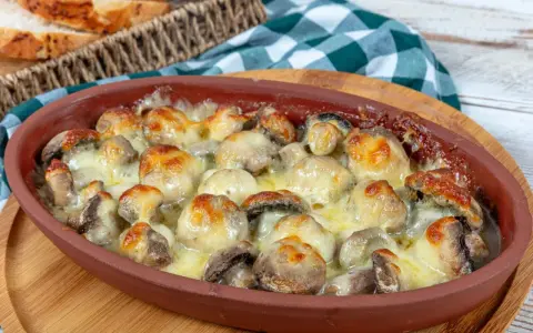Pieczarki zapiekane z serem w glinianym naczyniu, obok koszyk z pieczywem.
