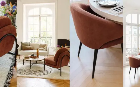 Fauteuils et chaises au tissu doux couleur brun, dans un salon lumineux et une salle à manger moderne.