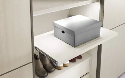 Un ripiano estraibile fai da te, con una scatola grigia sopra e scarpe sotto, ottimizza lo spazio in un armadio moderno.