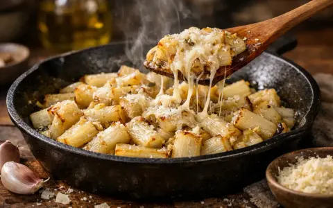 Cosses de blettes gratinées au fromage fondant, servies dans une poêle en fonte, avec de l'ail et du parmesan à proximité.