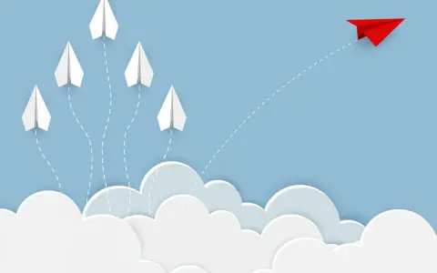 Biała księga co to jest? Pięć białych papierowych samolotów startuje z chmur, jeden czerwony leci przodem, symbolizując innowację i odwagę.