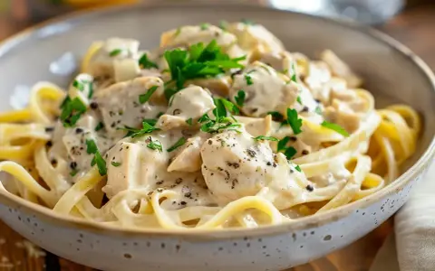 En krämig kyckling pasta med färsk persilja och svartpeppar i en skål.