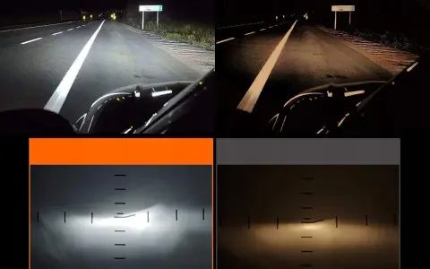 Porównanie świateł drogowych h16: jasne białe światło vs. ciepłe żółte. Widok z perspektywy kierowcy i wykres rozkładu światła.