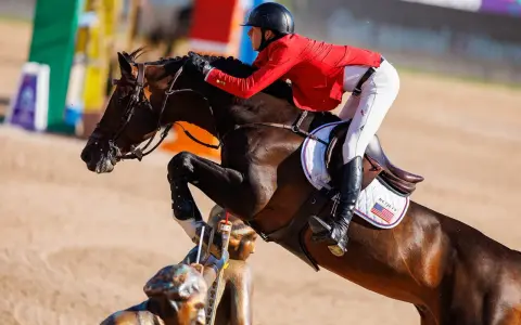 Le cheval Balou du Reventon saute un obstacle, son cavalier en veste rouge le guidant avec précision.