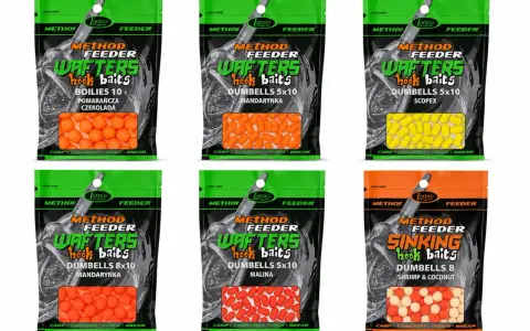 Zestaw feeder na leszcza: przynęty wafters i dumbells w różnych smakach i kolorach, idealne na karpia, leszcza i inne ryby.