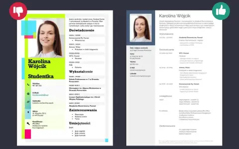 Dwa CV Karoliny Wójcik, studentki finansów i rachunkowości. Jedno z nich jest bardziej rozbudowane, drugie krótsze, co może pomóc w wyborze najlepszego sposobu, jak napisać bio.