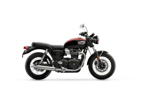 Klasyczny motocykl Triumph Bonneville T100 w czarno-czerwonej kolorystyce. Szczegółowe dane techniczne dostępne dla tego modelu.