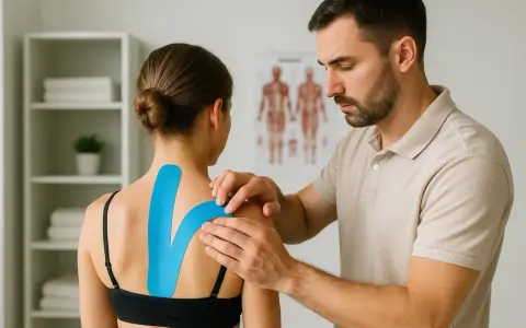 Fizjoterapeuta pokazuje pacjentce, jak odkleić tejpy z ramienia.