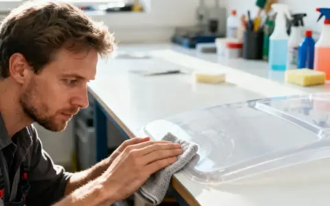 Mężczyzna czyści plastikową powierzchnię szmatką, usuwając ślady po czymś, co rozpuszcza klej. Na stole widać butelki z płynami.