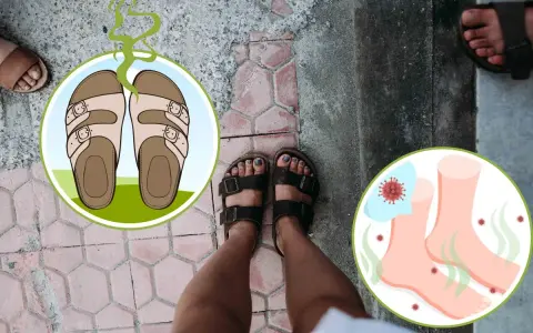Come lavare le ciabatte che puzzano: un'illustrazione mostra ciabatte con un'aura di cattivo odore, mentre un'altra immagine illustra piedi con batteri e funghi.