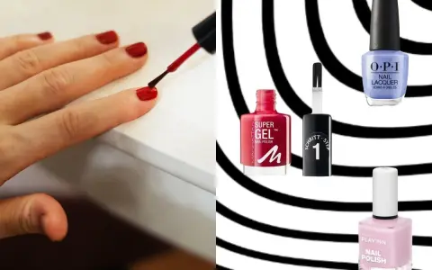 Dłoń maluje paznokcie czerwonym lakierem. Obok buteleczki lakierów: Manhattan Super Gel, OPI, Inglot Playinn. Szukasz lakieru do paznokci trwałego jak hybryda?