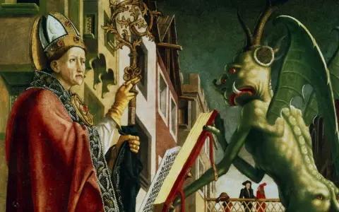 Ein Bischof mit Mitra und Stab konfrontiert einen grünen Dämon mit Flügeln. Der Dämon hält ein Buch, der Bischof einen Schlüssel. Ein düsterer Ort der Verdammnis.