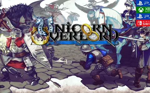 Caballeros, dragones y unicornios en batalla épica. El título "Unicorn Overlord" domina la escena, anunciando un reino de fantasía.