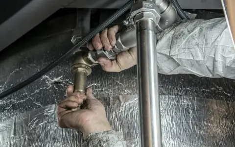 Ręce majstra dokręcają złączkę podczas próby szczelności instalacji c.o. zgodnie z normą.