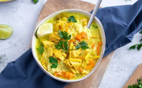 Aromatyczna zupa z kurczakiem, makaronem i warzywami, ozdobiona natką pietruszki i ćwiartką limonki.