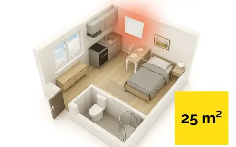 Jaki grzejnik elektryczny do pokoju 25m2? Wnętrze kawalerki z łóżkiem, aneksem kuchennym i łazienką, ogrzewane przez nowoczesny grzejnik.
