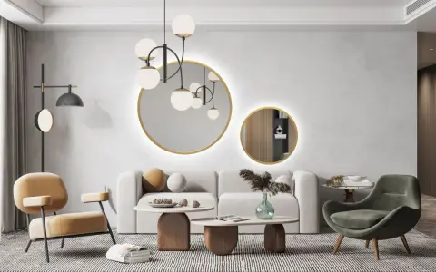 Nowoczesny salon z dwoma okrągłymi lustrami, które stanowią centralny punkt dekoracyjny.