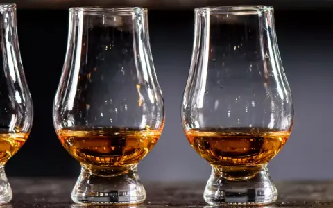 Drei Gläser mit bernsteinfarbenem Whisky stehen nebeneinander. Ein Blick auf die Whisky Kalorien für Genießer.