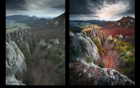 Widok na skalne formacje i dolinę. Po lewej surowa, pojedyncza klatka. Po prawej panorama z 6 klatek, gdzie fotograf i fotografik wydobył jesienne barwy.