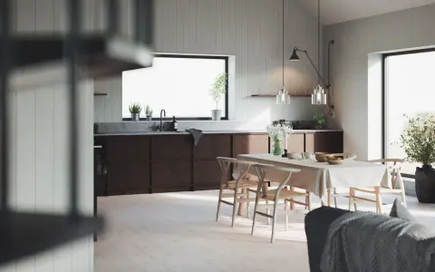 Ljust kök med träpaneler, matbord och köksö. Perfekt panel inomhus inspiration för ett modernt hem.