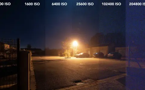 Comparaison de la qualité d'une **iso photo nuit** à différents réglages : 400 à 204800 ISO. Le bruit augmente avec l'ISO.
