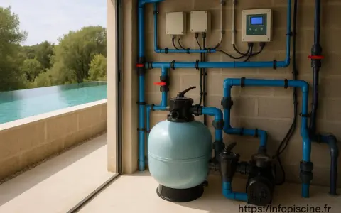 Le plan local technique piscine montre le système de filtration, la pompe et le panneau de contrôle, prêts à maintenir l'eau cristalline.