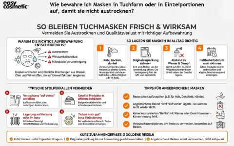 Kühl, trocken, dunkel lagern. Nicht auf dem feuchten Waschbeckenrand oder direkt neben der Dusche aufbewahren, um Austrocknen der gesichtsmaske vor oder nach dem duschen zu vermeiden.