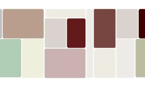 Palette di colori tenui e naturali, con un abbinamento di grigi, beige, verdi salvia e tocchi di bordeaux.