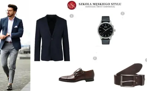 Modny facet po 40. prezentuje elegancki styl: granatowa marynarka, szare spodnie, biała koszula, brązowe buty i pasek, czarny zegarek.