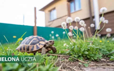 Żółw wodno-lądowy spaceruje po trawie wśród dmuchawców.
