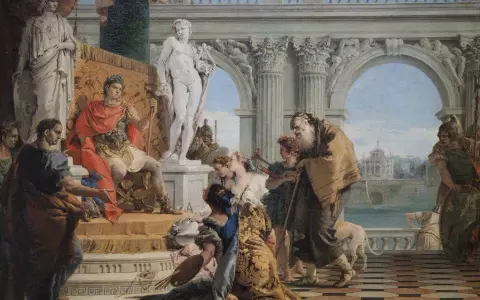 Römischer Herrscher auf Thron, umgeben von Statuen und Menschen. Eine Szene, die an eine **Volksversammlung Rom** erinnert, mit dramatischen Gesten und prächtiger Architektur.