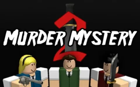 Postacie z gry Murder Mystery 2, z napisem "MURDER MYSTERY 2" i mieczem. Szukasz kodów do mm2?