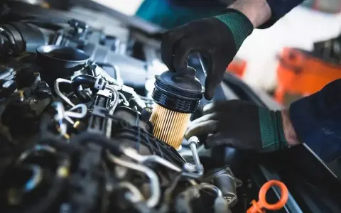 Mechanik w czarnych rękawiczkach dokonuje wymiany filtra paliwa w silniku samochodowym.