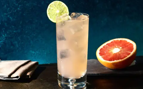 Erfrischender Greyhound Cocktail mit Eis, Limettenspalte und Grapefruit-Hälfte.