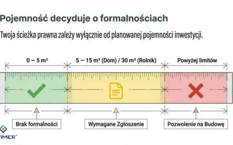Art. 29 Prawo budowlane: pojemność do 5 m³ - brak formalności, 5-15 m³ (dom) / 30 m³ (rolnik) - zgłoszenie, powyżej limitów - pozwolenie.